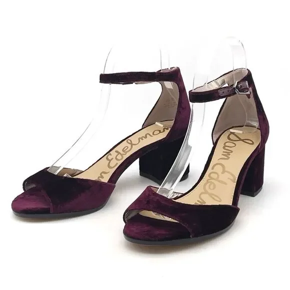 Sam Edelman Susie Velvet Block Heel Ankle Strap Sandals Burgundy Maroon Size 6.5 - Picture 2 of 13